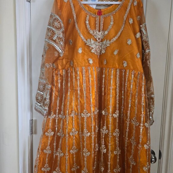 Orange & Gold Embroidered Lehenga FREE Matching Khussa Shoes - Picture 10 of 11